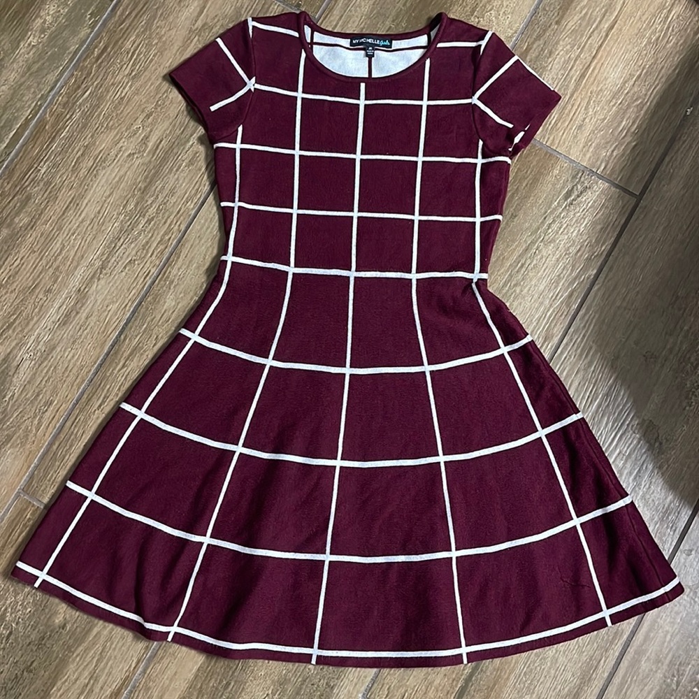 My Michelle Burgundy and White Grid Dress